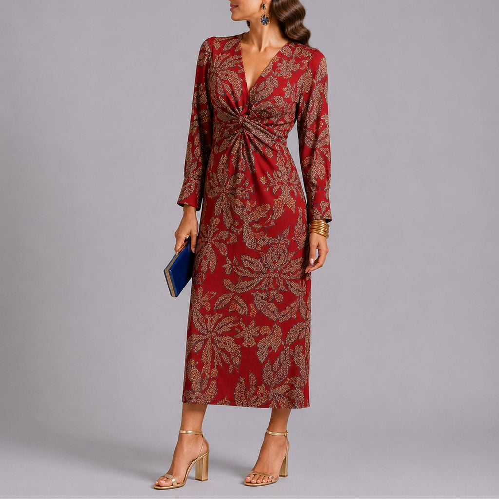 Women's Floral Twist-Front V-Neck Midi Fall Wedding Guest Dress - Red