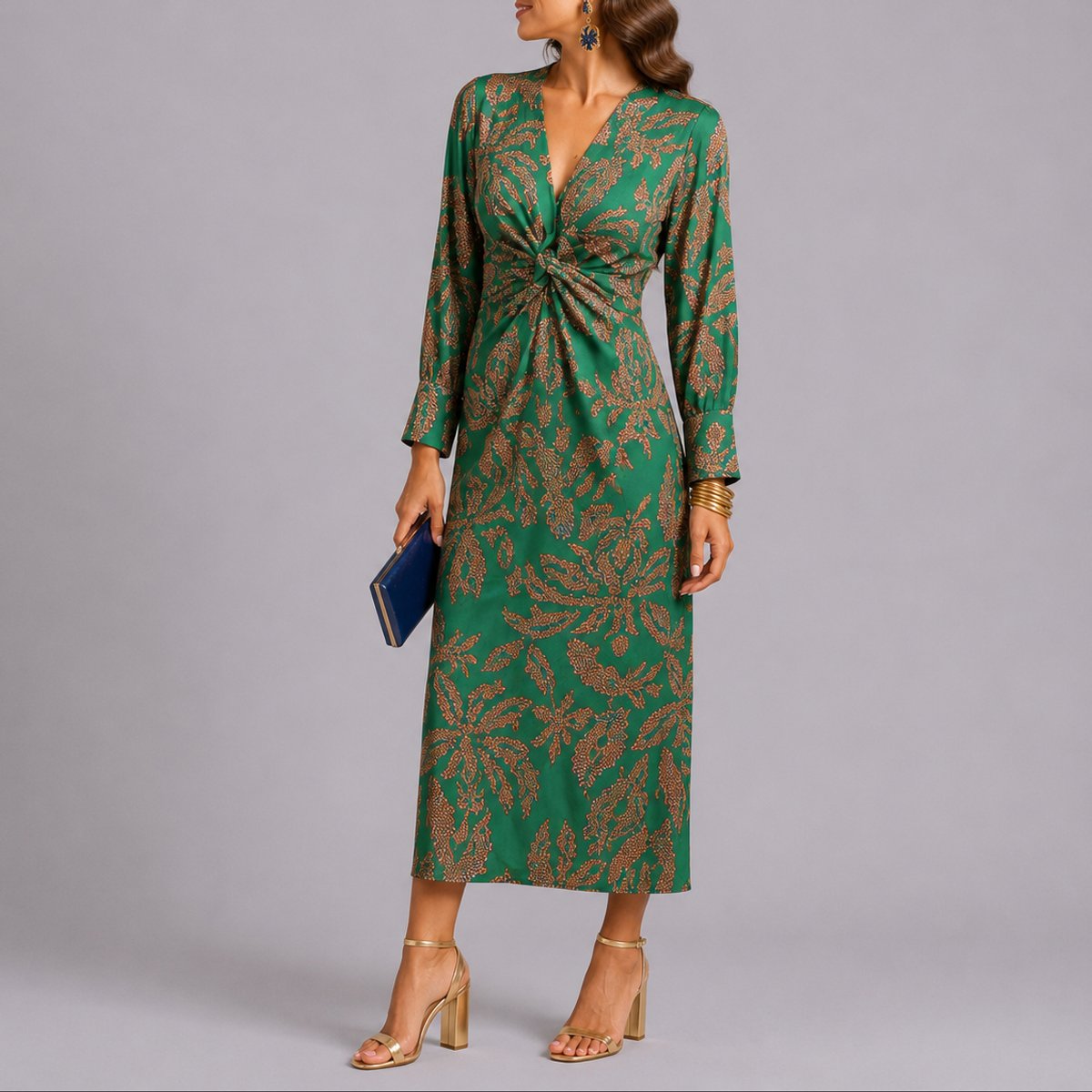 Women's Floral Twist-Front V-Neck Midi Fall Wedding Guest Dress - Green