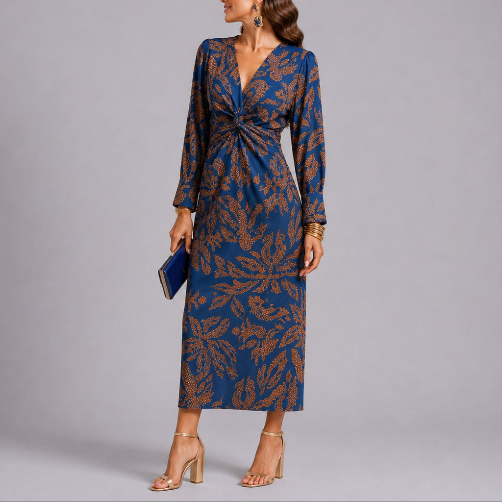 Women's Floral Twist-Front V-Neck Midi Fall Wedding Guest Dress - Blue