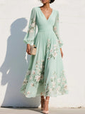 Women's Floral V-Neck Balloon Sleeve Midi Dress - Light Green