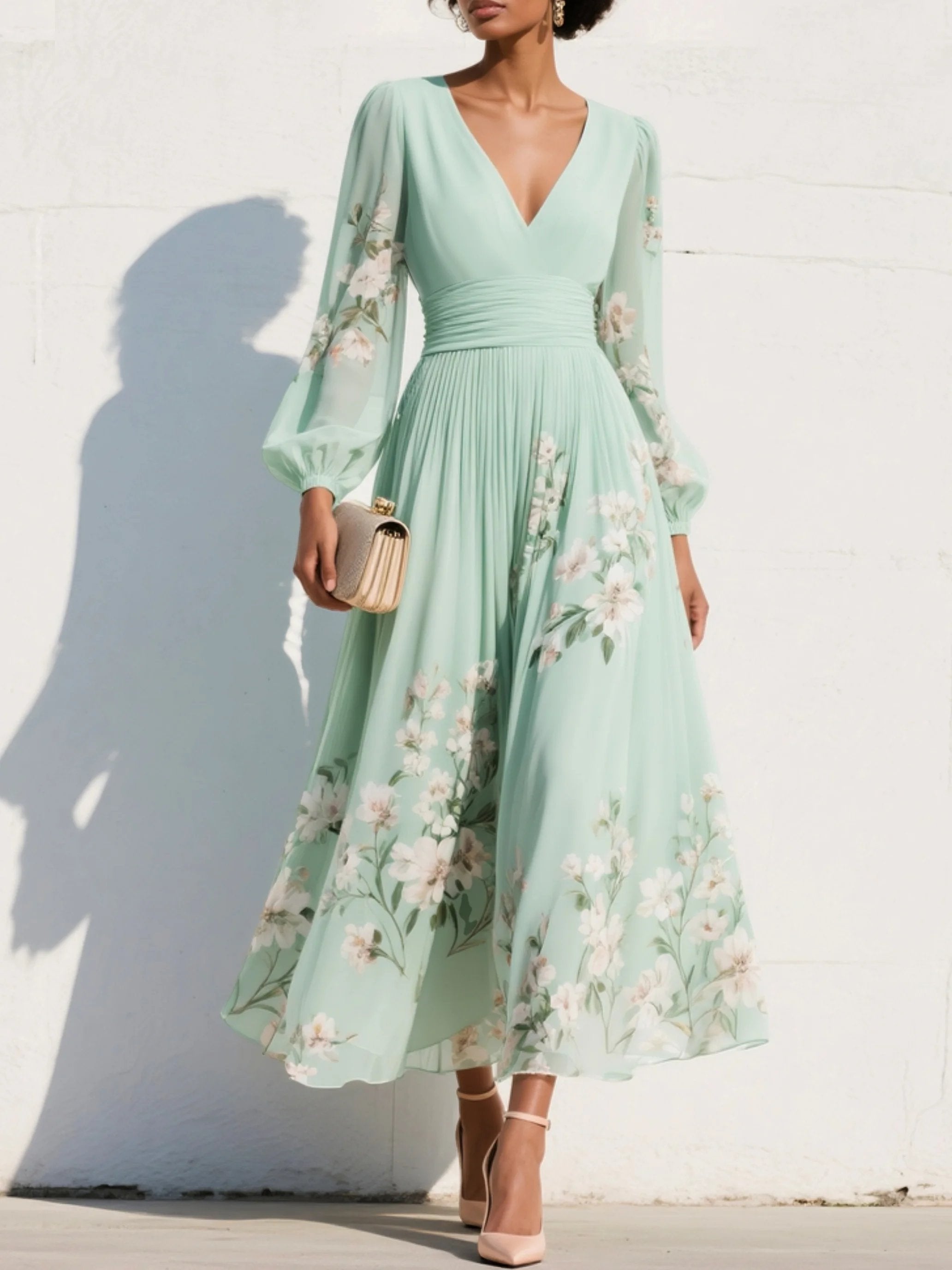 Women's Floral V-Neck Balloon Sleeve Midi Dress - Light Green