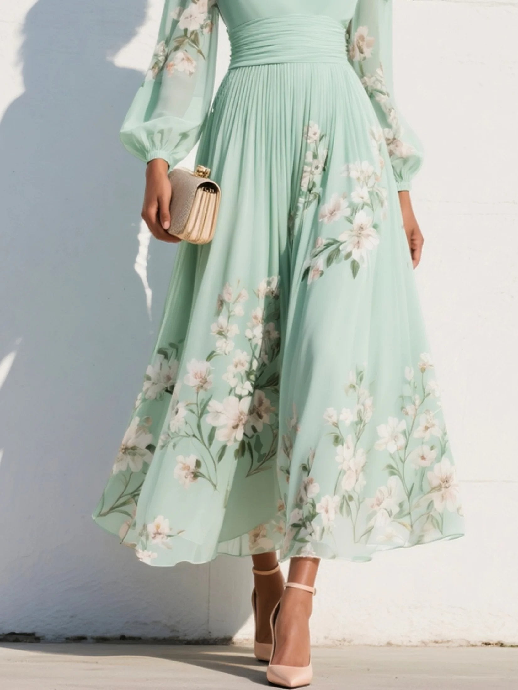 Women's Floral V-Neck Balloon Sleeve Midi Dress