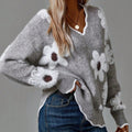 Women's Floral V-Neck Long Sleeve Knit Sweater - Gray