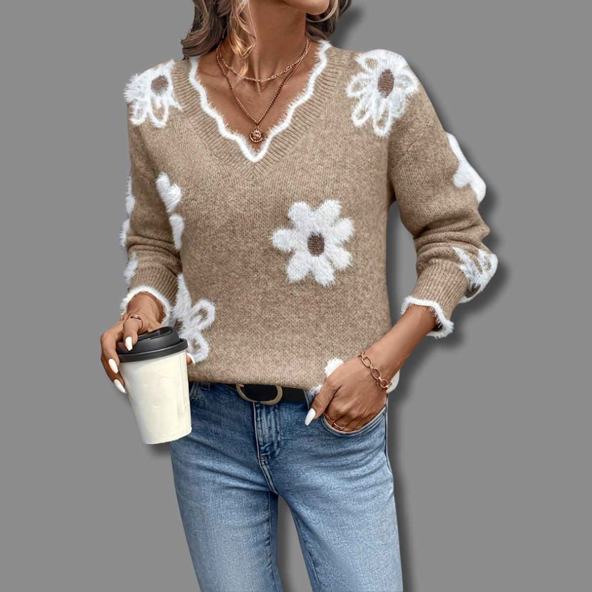 Women's Floral V-Neck Long Sleeve Knit Sweater - Khaki