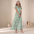 Women's Floral V-Neck Ruffled-Sleeve Casual Maxi Dress - Green