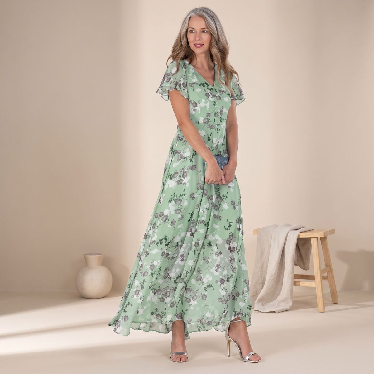 Women's Floral V-Neck Ruffled-Sleeve Casual Maxi Dress - Green