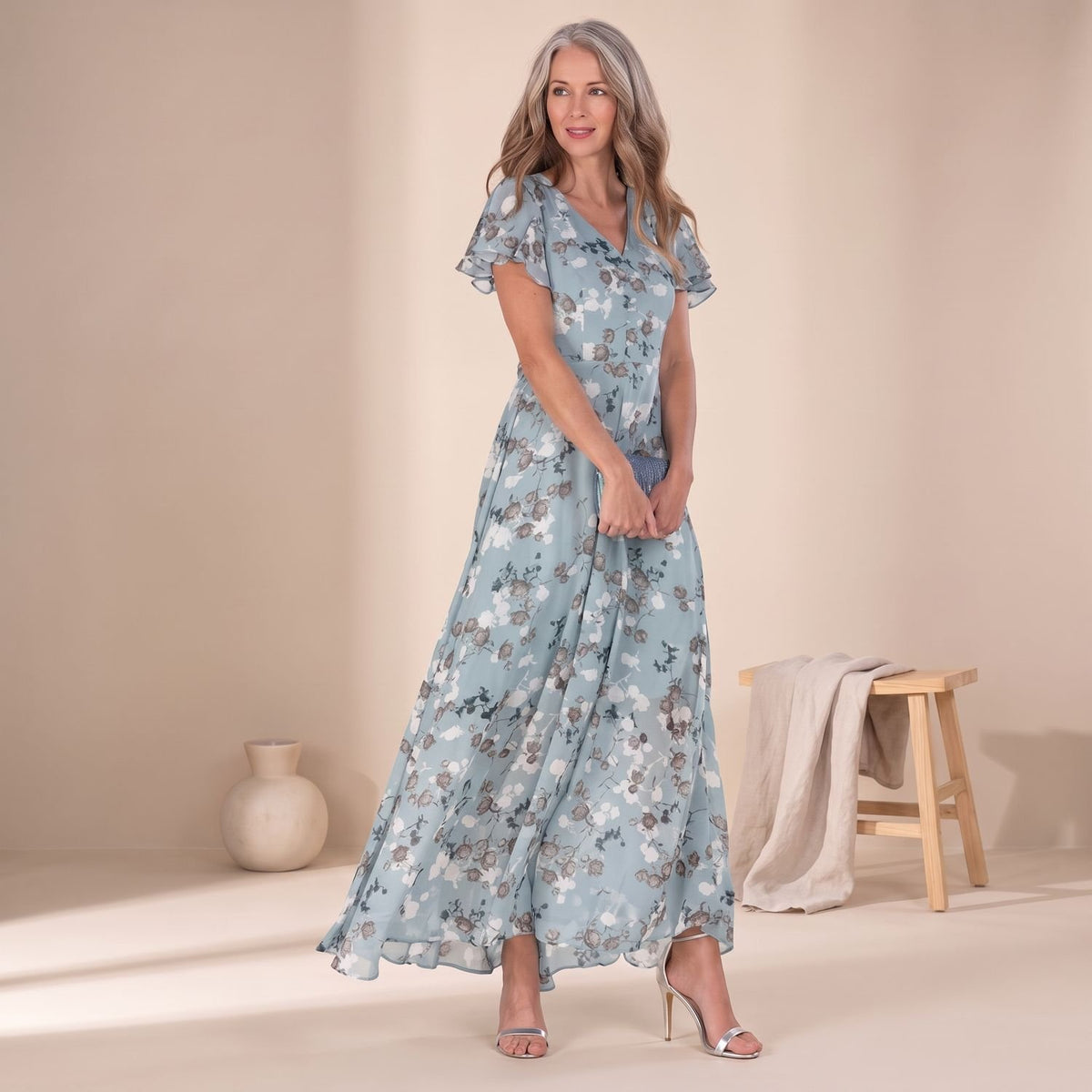 Women's Floral V-Neck Ruffled-Sleeve Casual Maxi Dress - Blue
