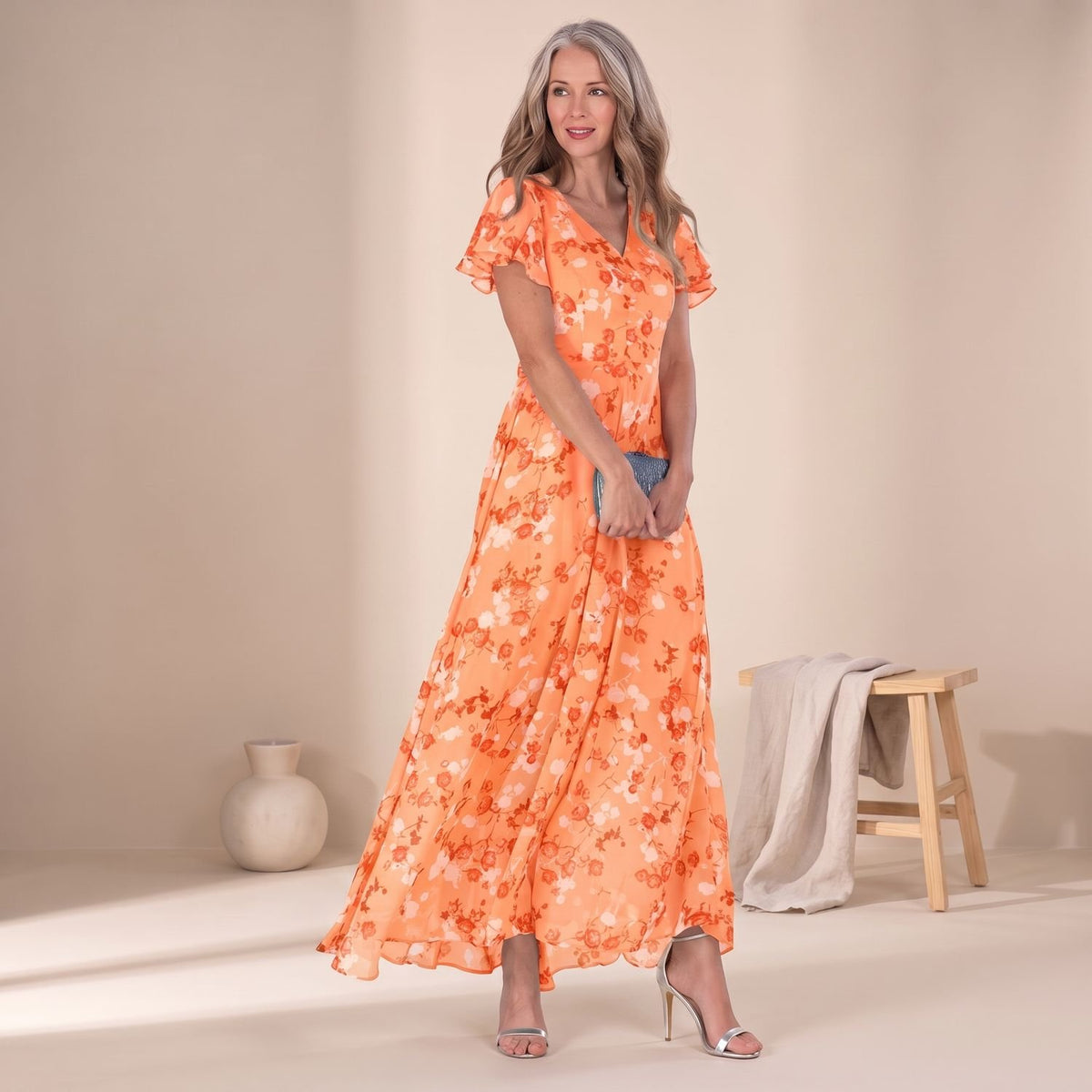 Women's Floral V-Neck Ruffled-Sleeve Casual Maxi Dress - Orange