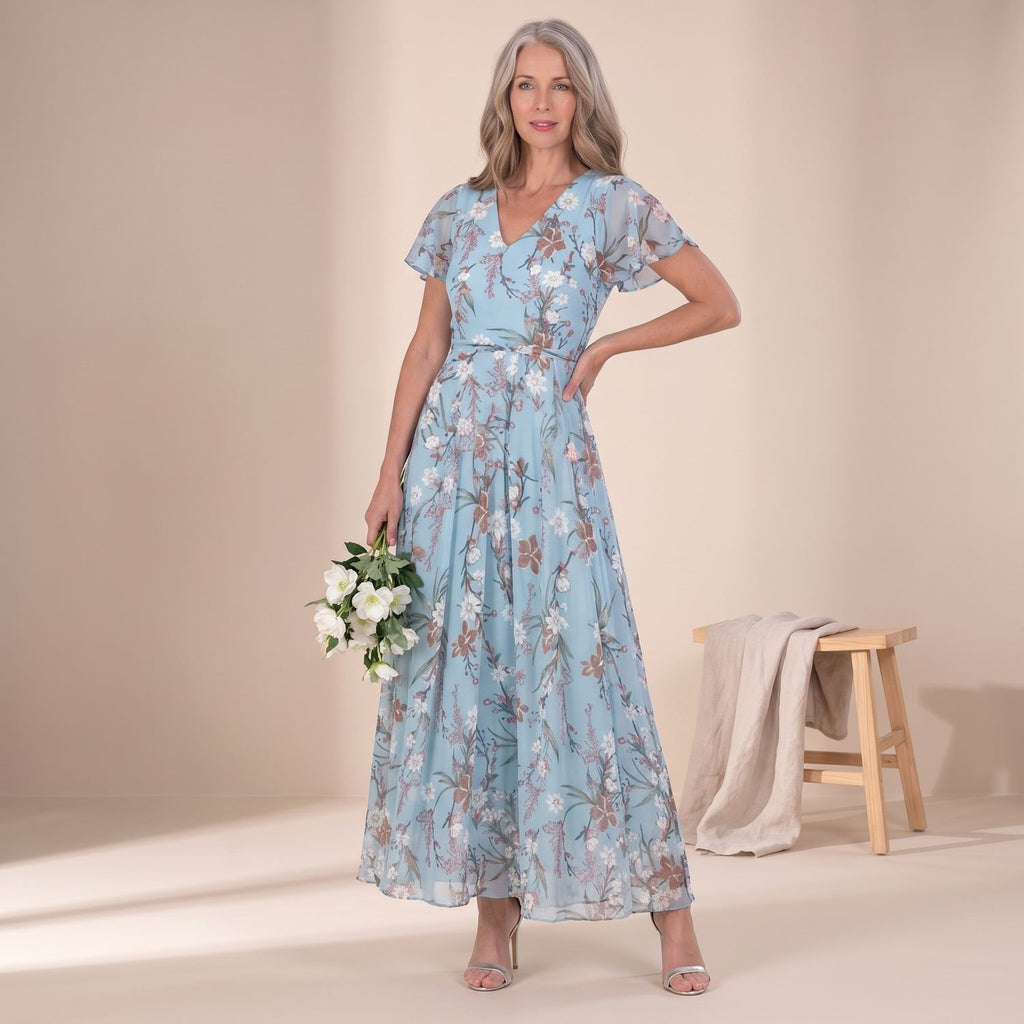 Women's Floral V-Neck Ruffled-Sleeve Casual Maxi Dress - Light Blue