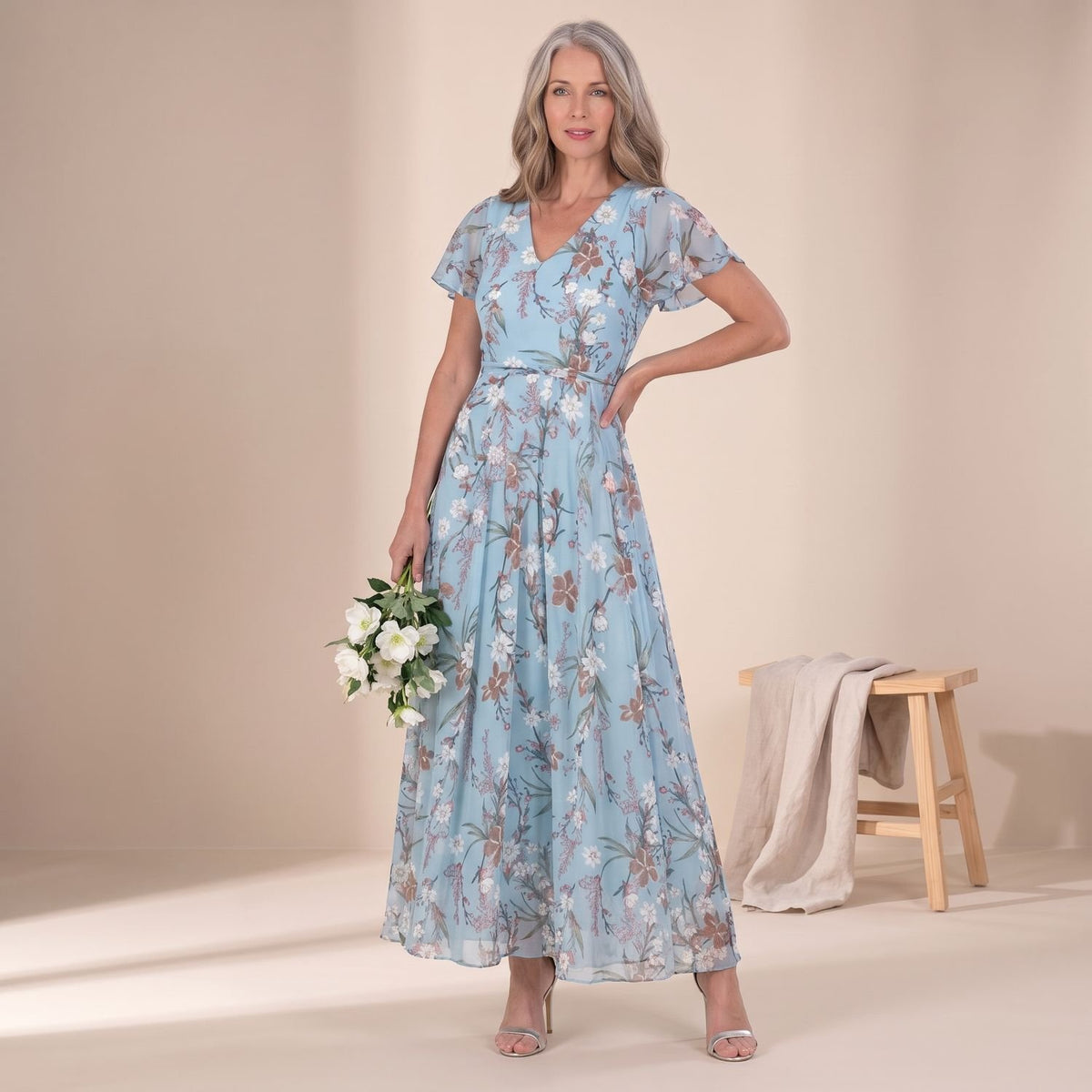 Women's Floral V-Neck Ruffled-Sleeve Casual Maxi Dress - Light Blue