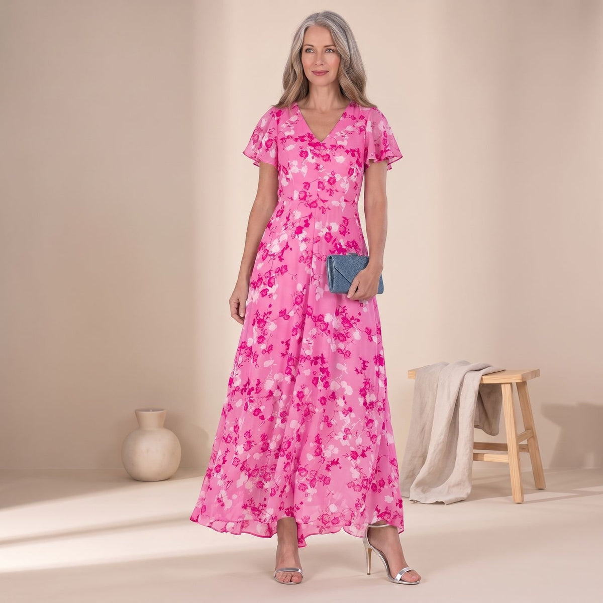 Women's Floral V-Neck Ruffled-Sleeve Casual Maxi Dress - Pink