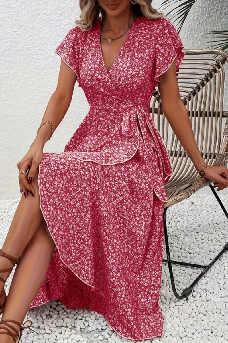 Women's Floral Wrap Midi Evening Gown V-Neck Ruffle Dress - Pink 2