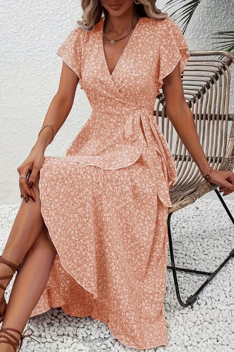 Women's Floral Wrap Midi Evening Gown V-Neck Ruffle Dress - Orange Pink