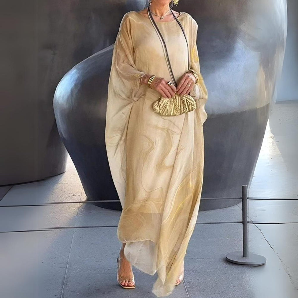 Women's Flowy Batwing Long Sleeve Dress Maxi Silhouette - Yellow
