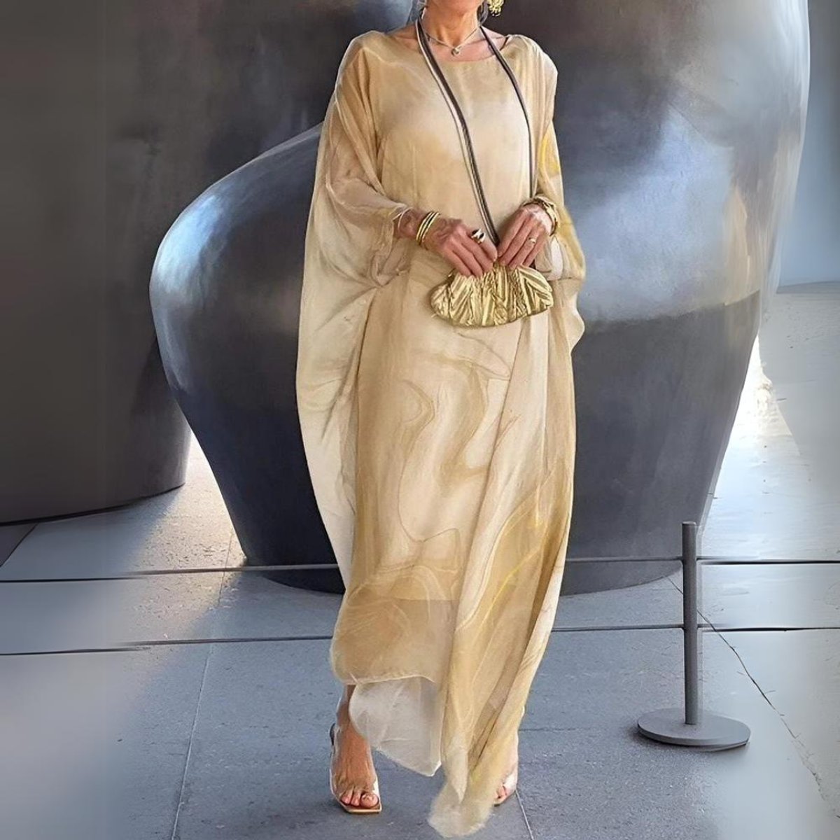 Women's Flowy Batwing Long Sleeve Dress Maxi Silhouette - Yellow