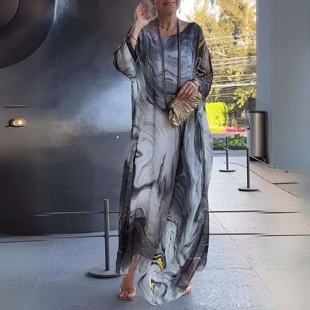 Women's Flowy Batwing Long Sleeve Dress Maxi Silhouette - Gray