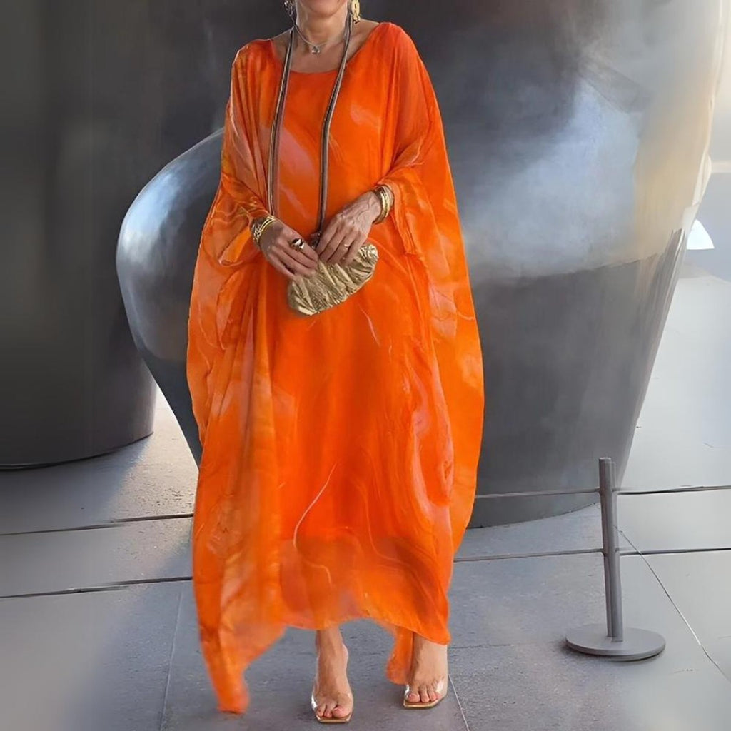 Women's Flowy Batwing Long Sleeve Dress Maxi Silhouette - Orange