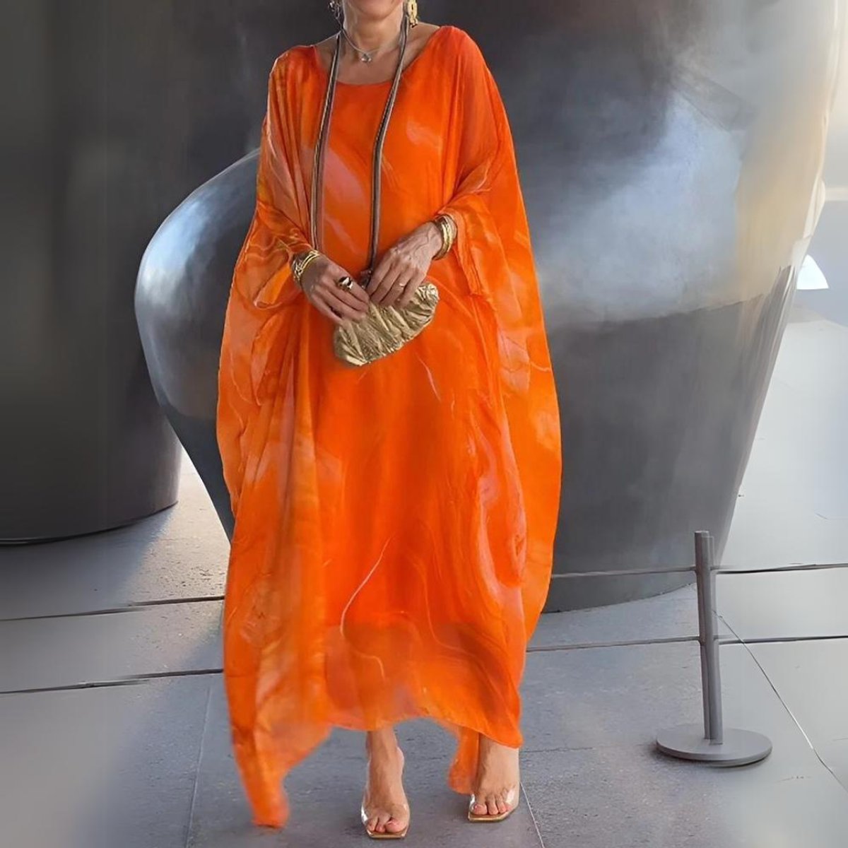 Women's Flowy Batwing Long Sleeve Dress Maxi Silhouette - Orange