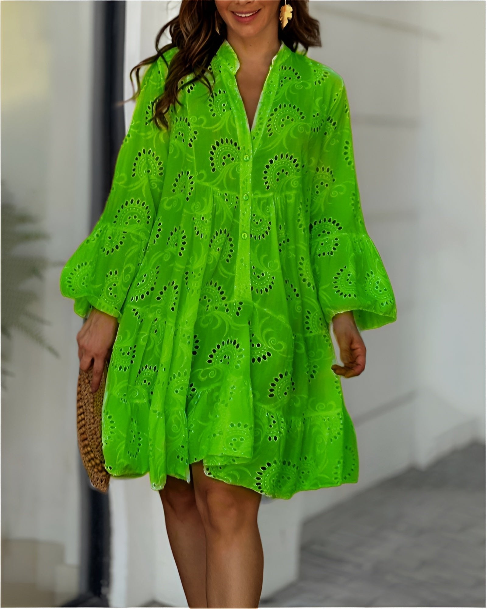 Women's Flowy Eyelet Embroidered Button-Front Mini Dress - Green
