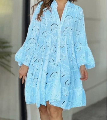 Women's Flowy Eyelet Embroidered Button-Front Mini Dress - Blue