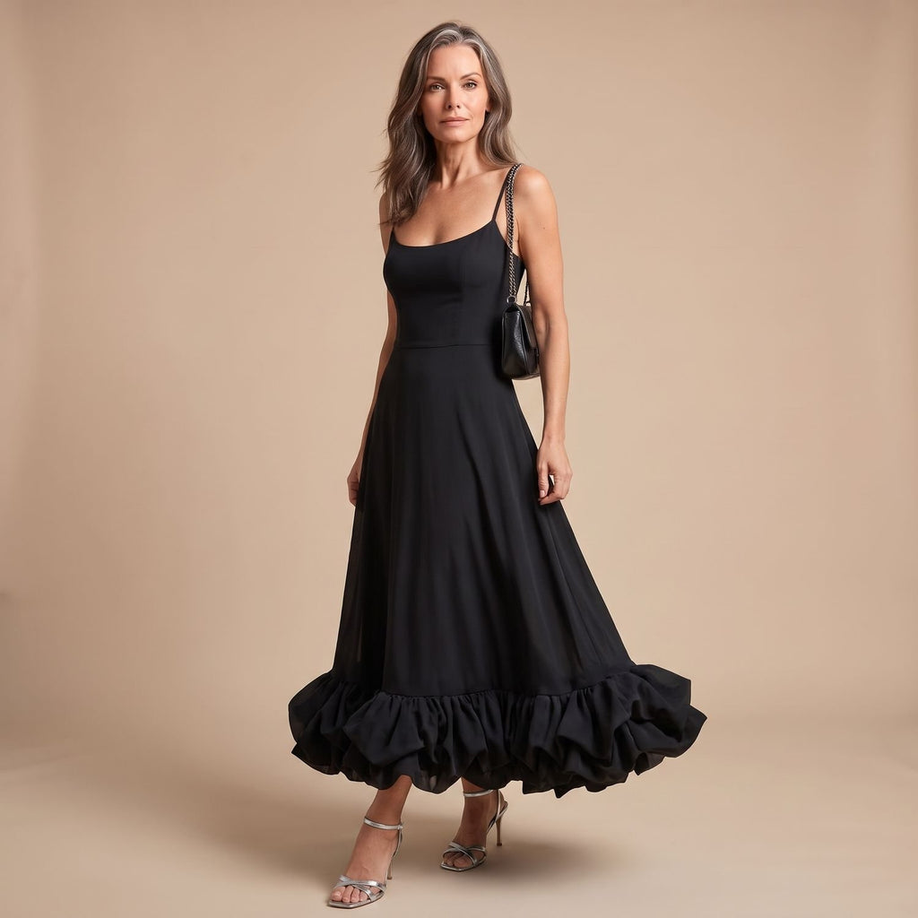 Women's Flowy Formal Maxi Dress Spaghetti Strap Ruffle Hem - Black