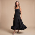 Women's Flowy Formal Maxi Dress Spaghetti Strap Ruffle Hem - Black