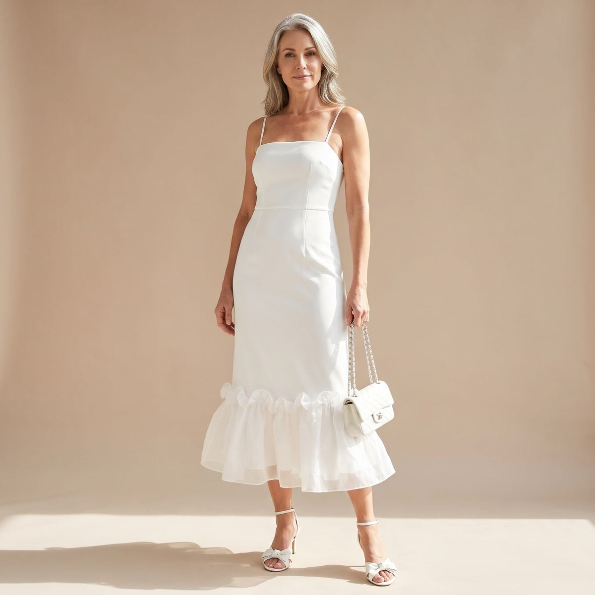 Women's Flowy Formal Maxi Dress Spaghetti Strap Ruffle Hem - White