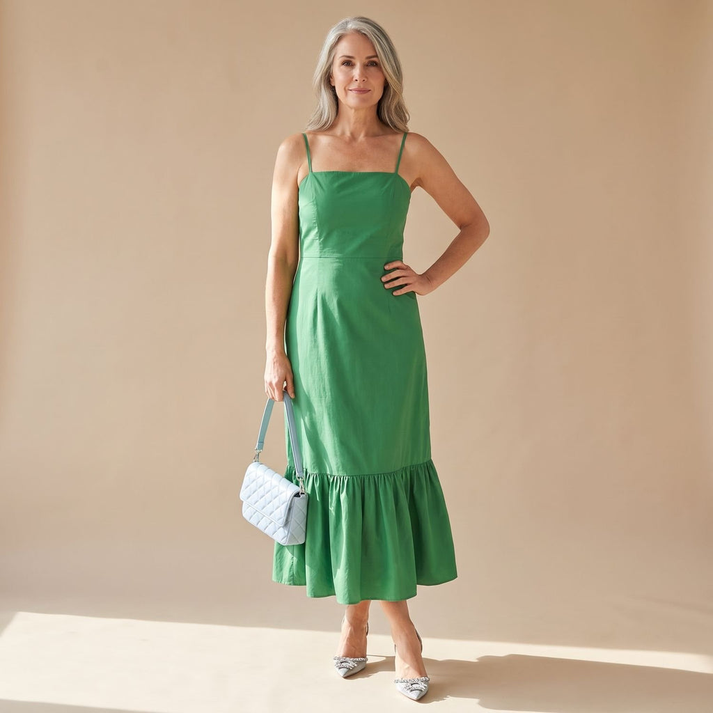 Women's Flowy Formal Maxi Dress Spaghetti Strap Ruffle Hem - Green