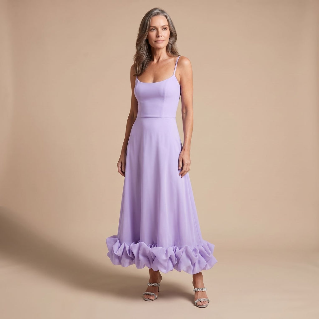 Women's Flowy Formal Maxi Dress Spaghetti Strap Ruffle Hem - Purple