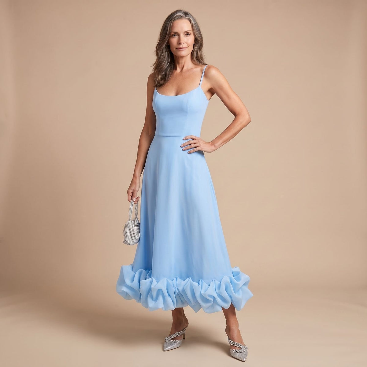 Women's Flowy Formal Maxi Dress Spaghetti Strap Ruffle Hem - Blue