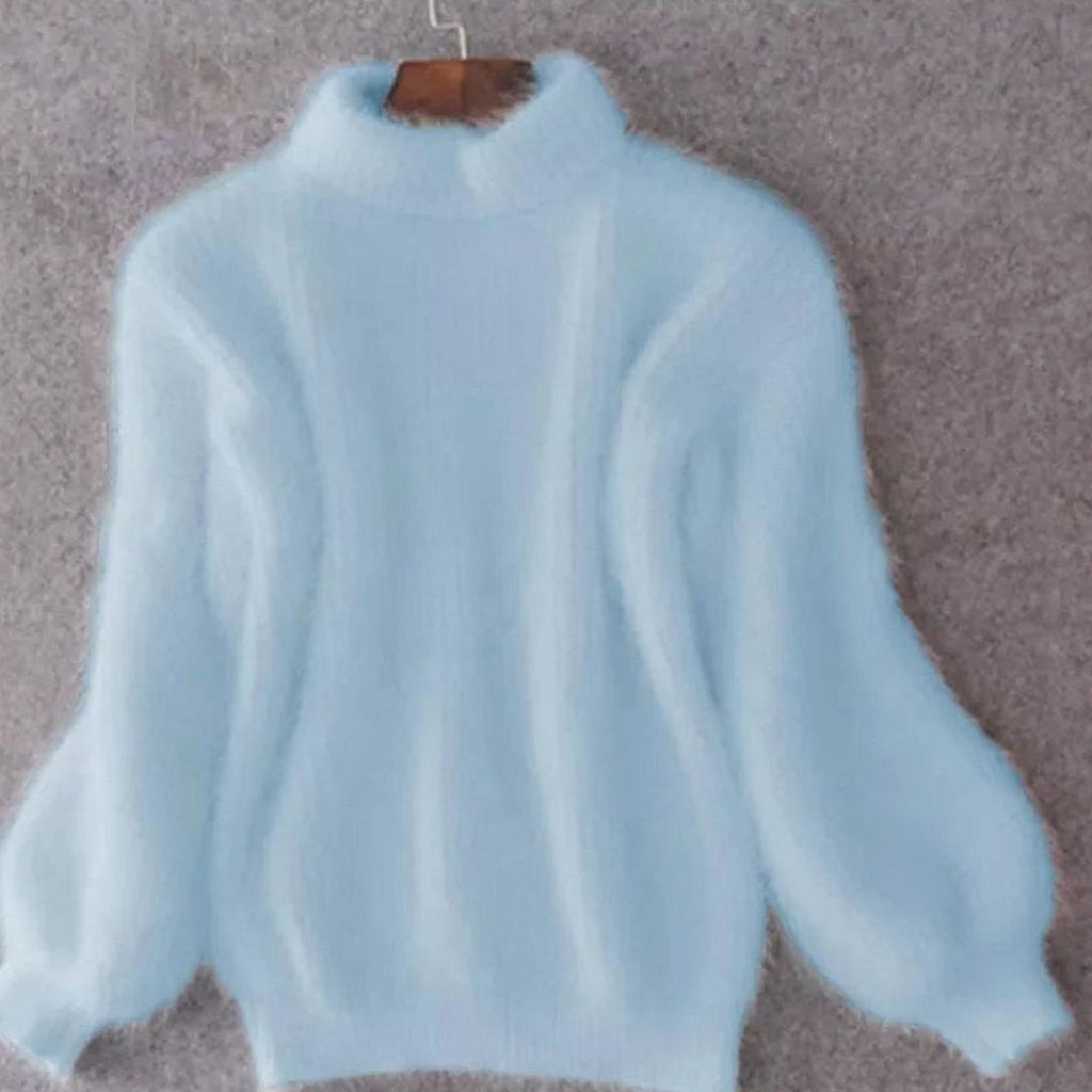 Women's Fluffy Turtleneck Loose-Fit Pullover Knit Sweater - Blue