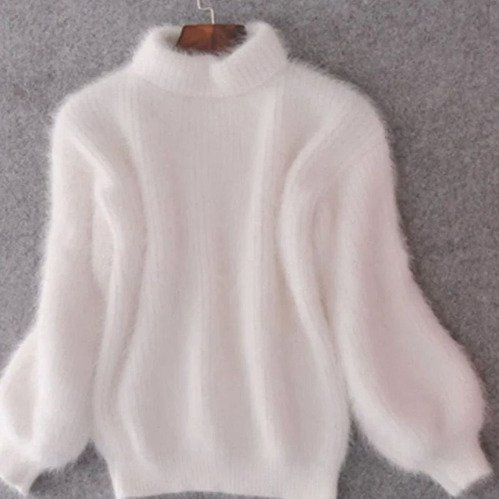 Women's Fluffy Turtleneck Loose-Fit Pullover Knit Sweater - White