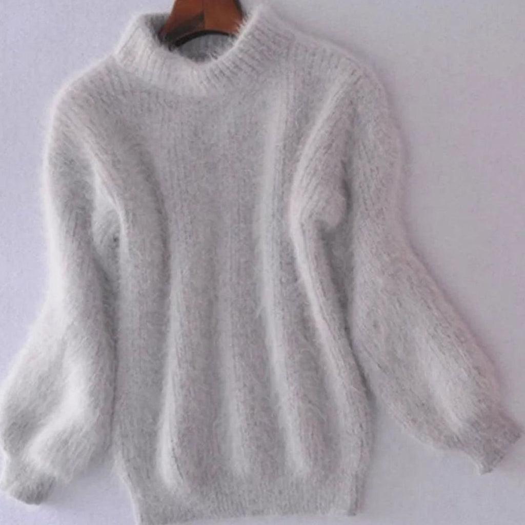 Women's Fluffy Turtleneck Loose-Fit Pullover Knit Sweater - Gray