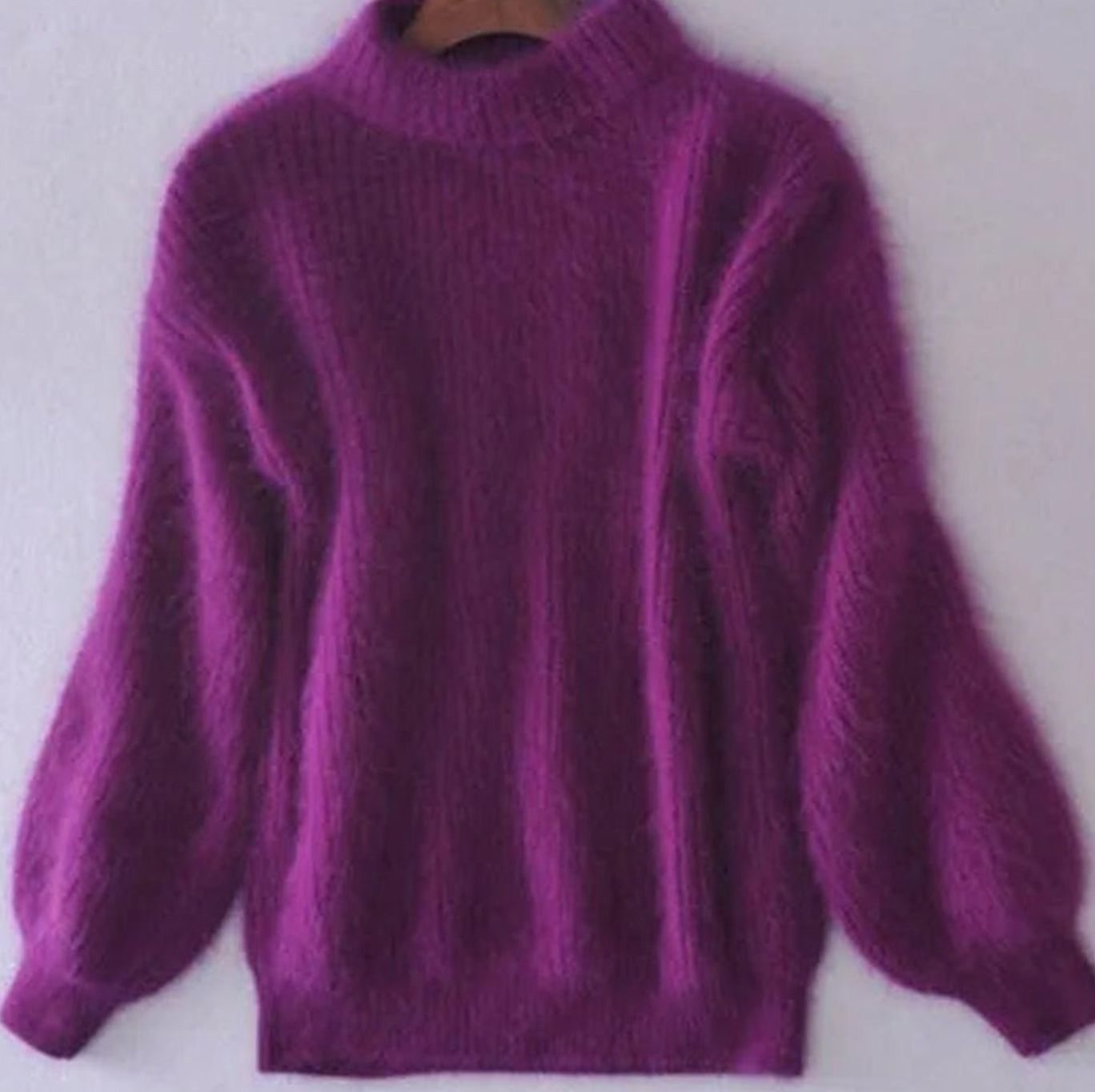 Women's Fluffy Turtleneck Loose-Fit Pullover Knit Sweater - Purple