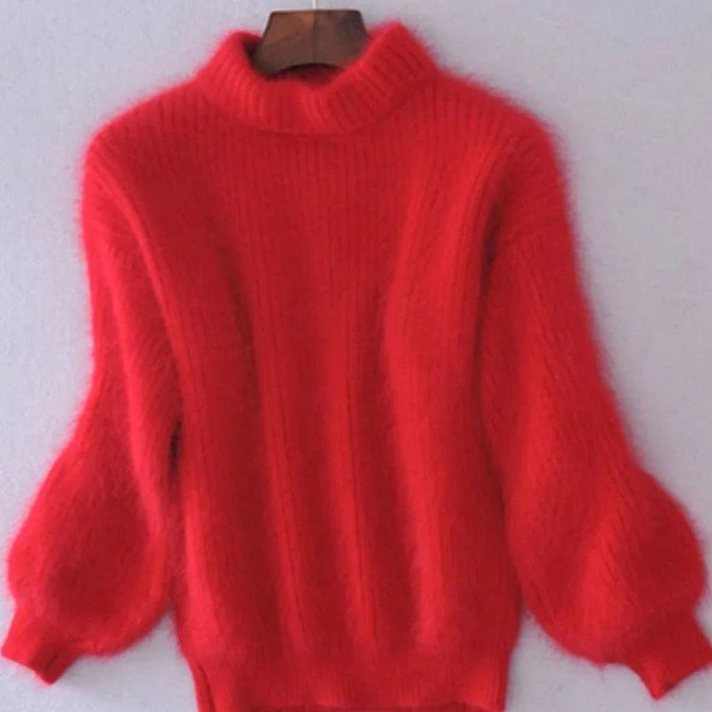 Women's Fluffy Turtleneck Loose-Fit Pullover Knit Sweater - Red