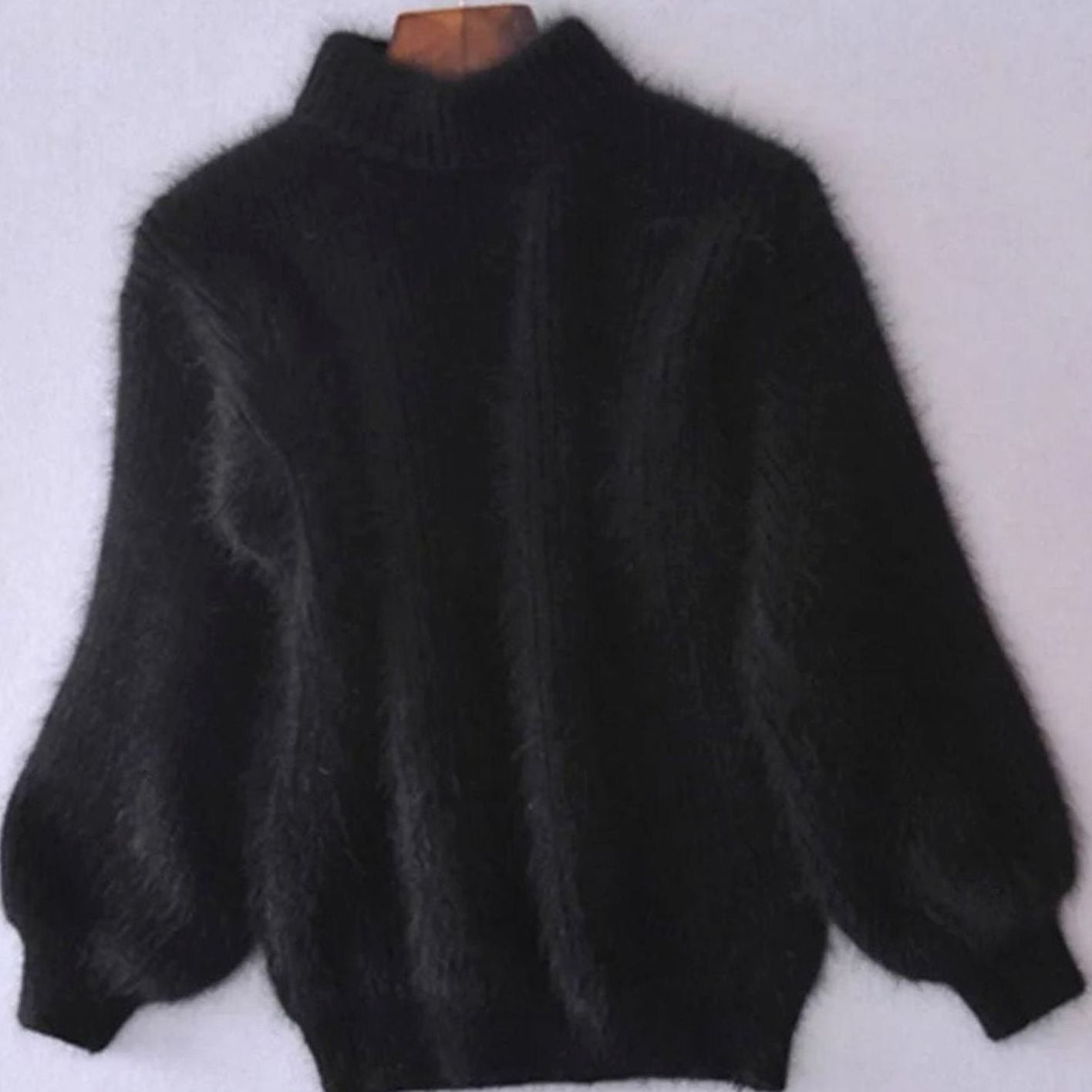 Women's Fluffy Turtleneck Loose-Fit Pullover Knit Sweater - Black