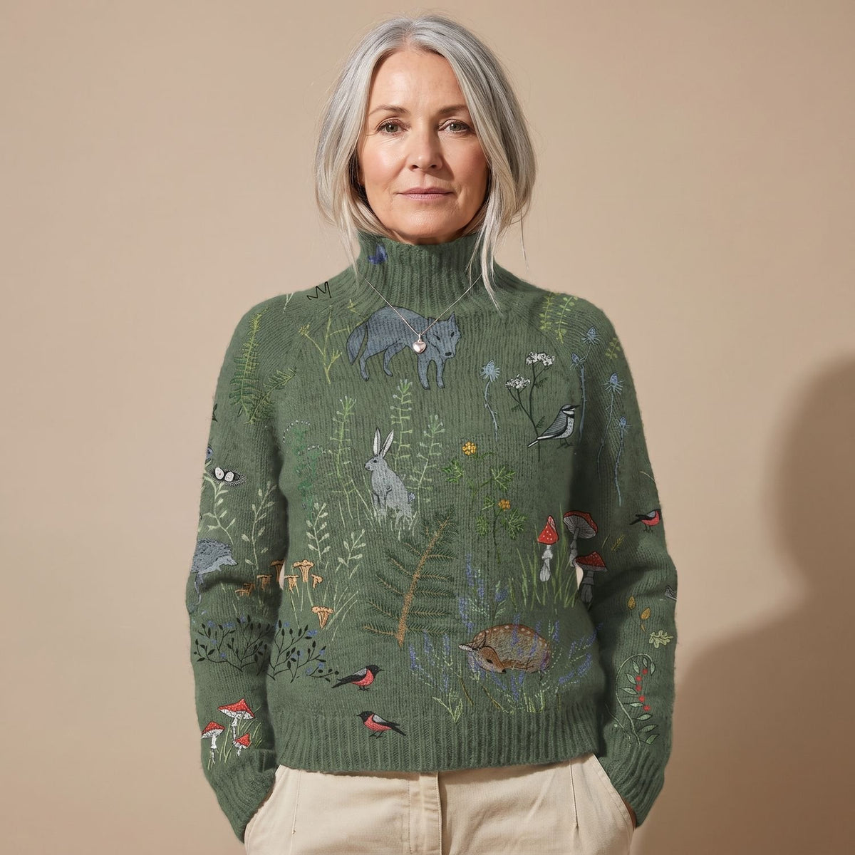 Women's Forest Print Turtleneck Knit Sweater - Green