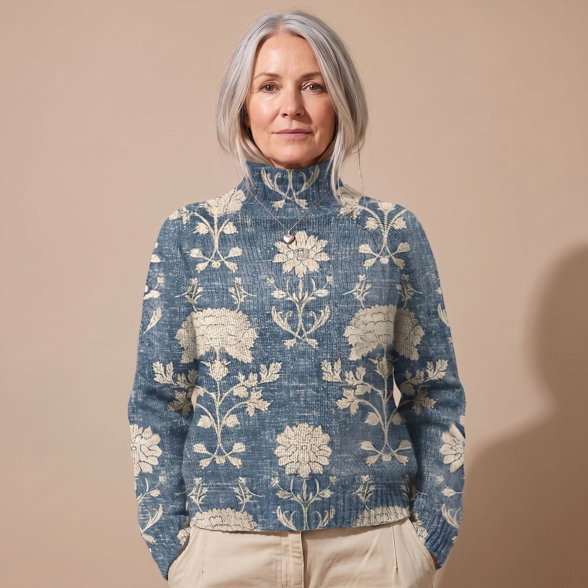 Women's Forest Print Turtleneck Knit Sweater - Light Blue