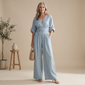 Women's Formal Jumpsuit V-Neck Wide-Leg Elegant Evening One-Piece - Light Blue