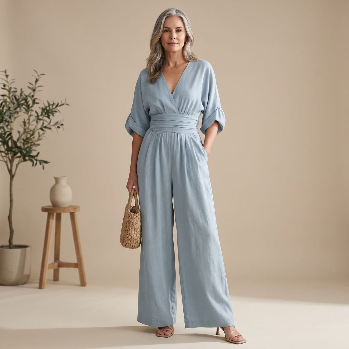 Women's Formal Jumpsuit V-Neck Wide-Leg Elegant Evening One-Piece - Light Blue