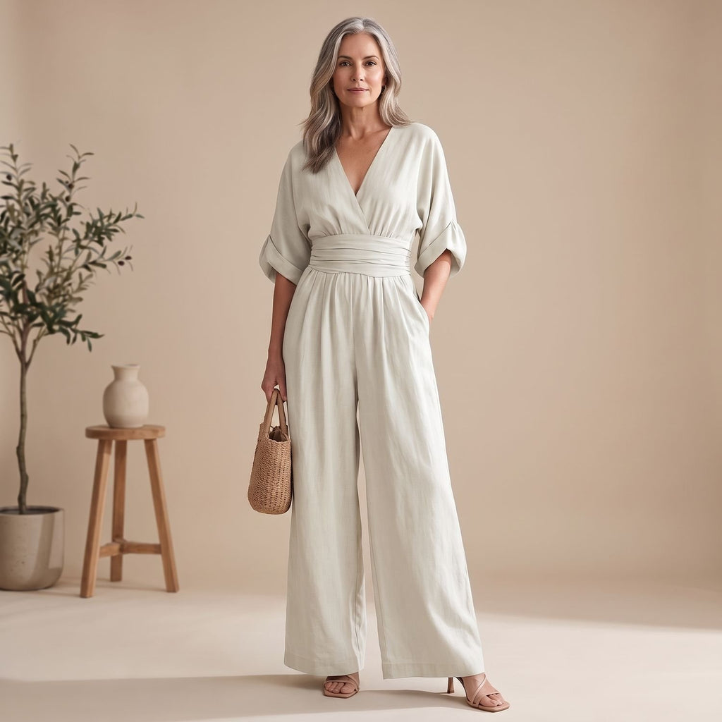 Women's Formal Jumpsuit V-Neck Wide-Leg Elegant Evening One-Piece - White