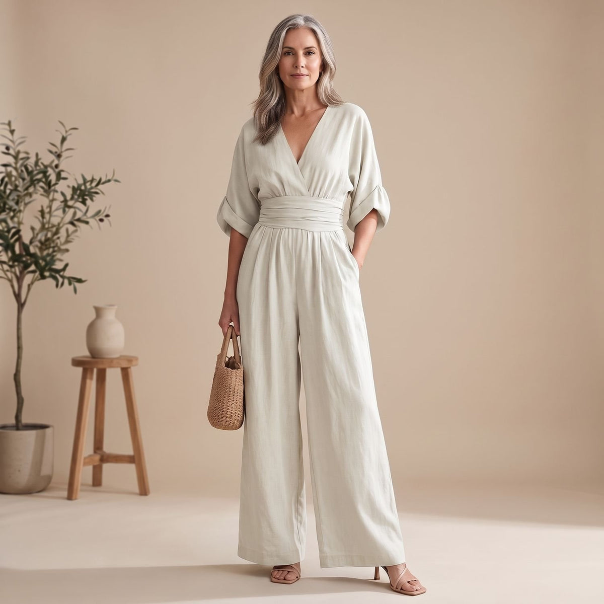 Women's Formal Jumpsuit V-Neck Wide-Leg Elegant Evening One-Piece - White