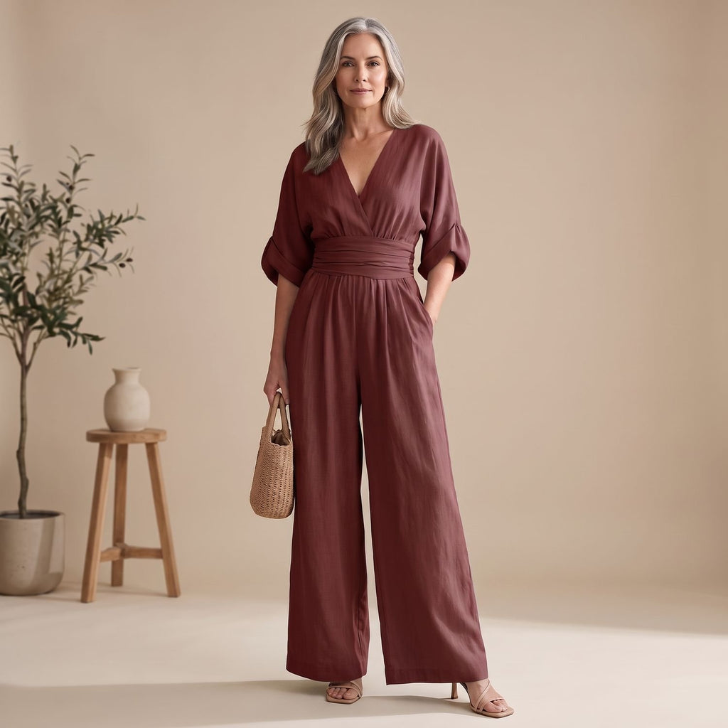 Women's Formal Jumpsuit V-Neck Wide-Leg Elegant Evening One-Piece - Red