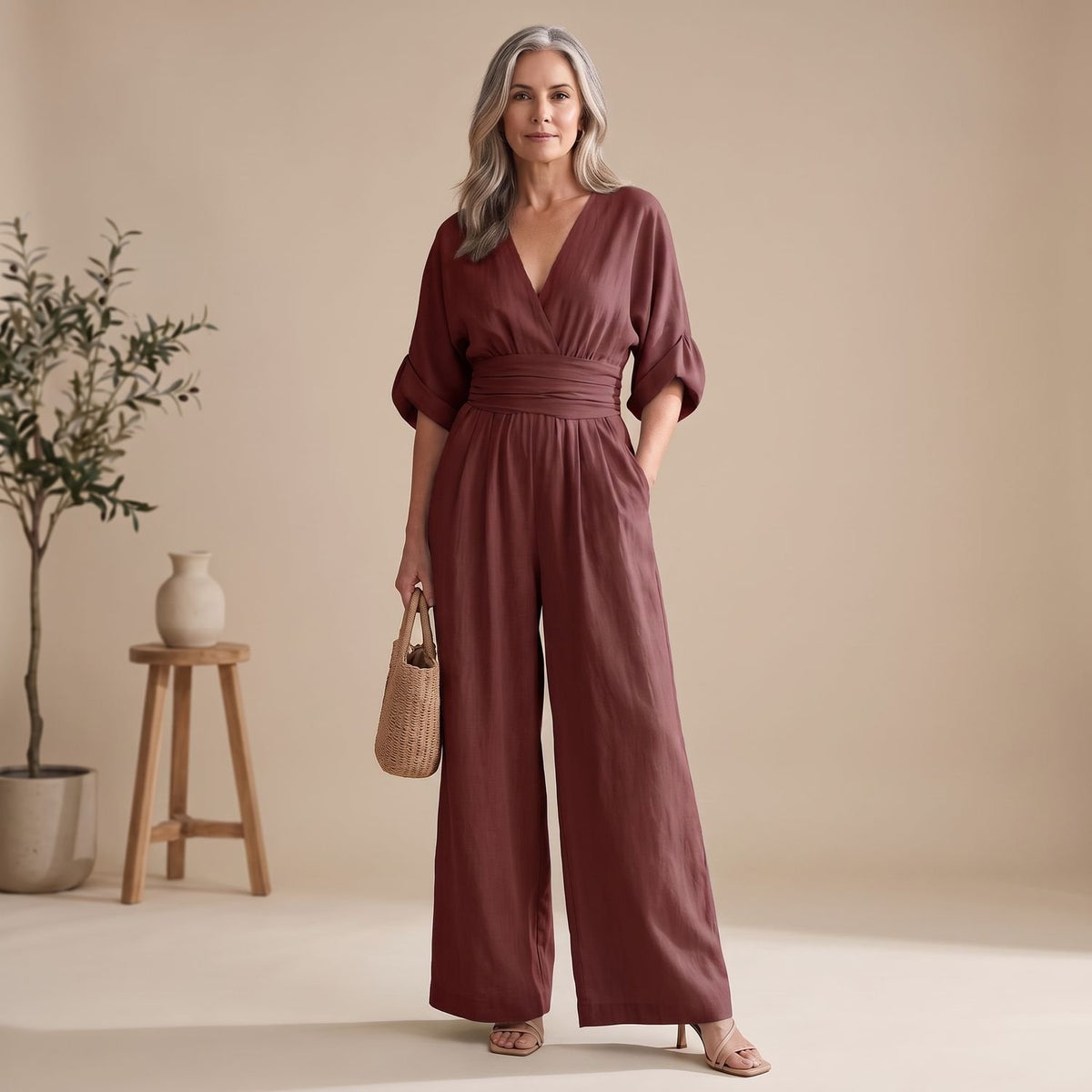 Women's Formal Jumpsuit V-Neck Wide-Leg Elegant Evening One-Piece - Red