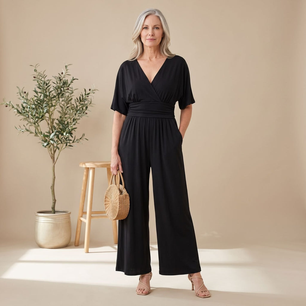 Women's Formal Jumpsuit V-Neck Wide-Leg Elegant Evening One-Piece - Black