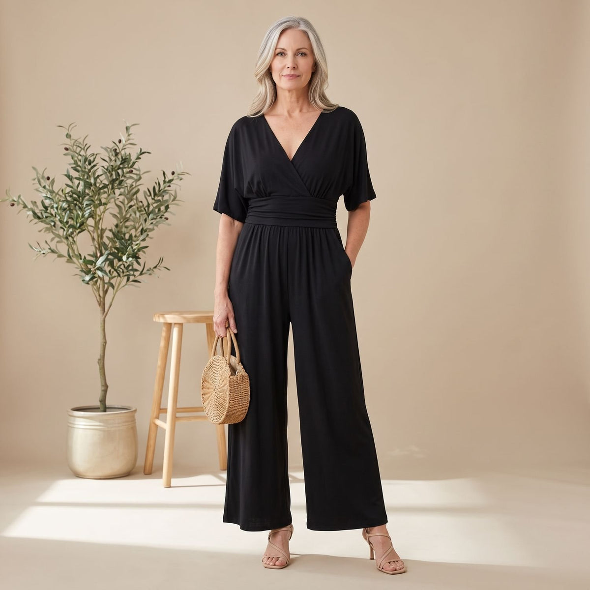 Women's Formal Jumpsuit V-Neck Wide-Leg Elegant Evening One-Piece - Black