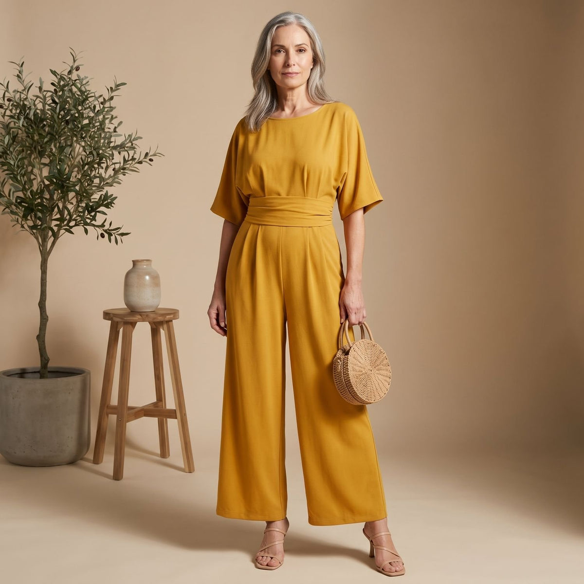 Women's Formal Jumpsuit V-Neck Wide-Leg Elegant Evening One-Piece - Yellow
