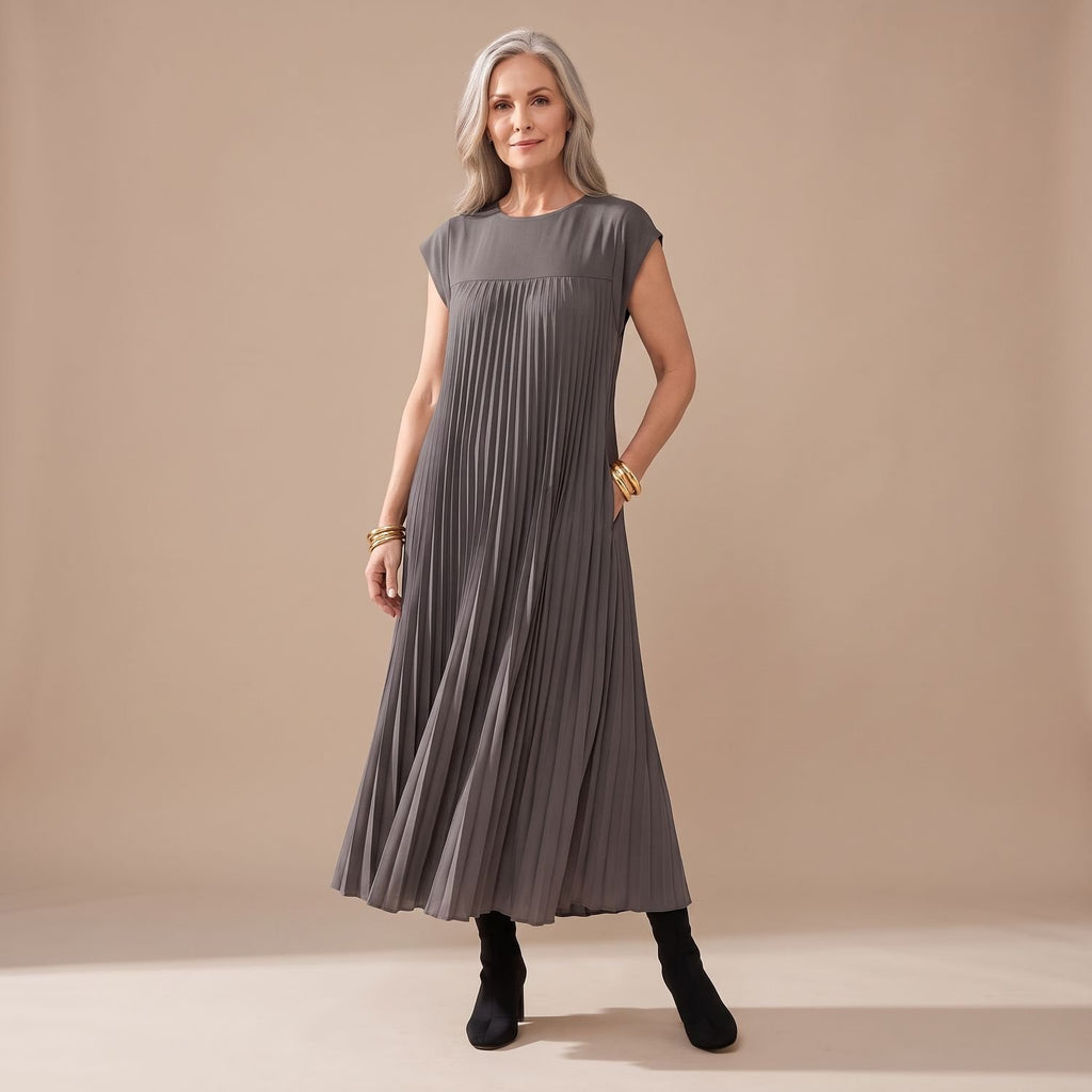Women's Formal Pleated Maxi Dress Cap-Sleeve A-Line