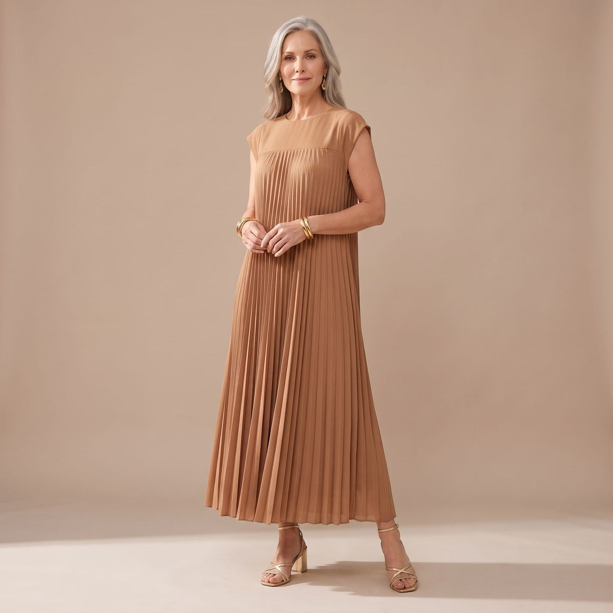 Women's Formal Pleated Maxi Dress Cap-Sleeve A-Line - Brown