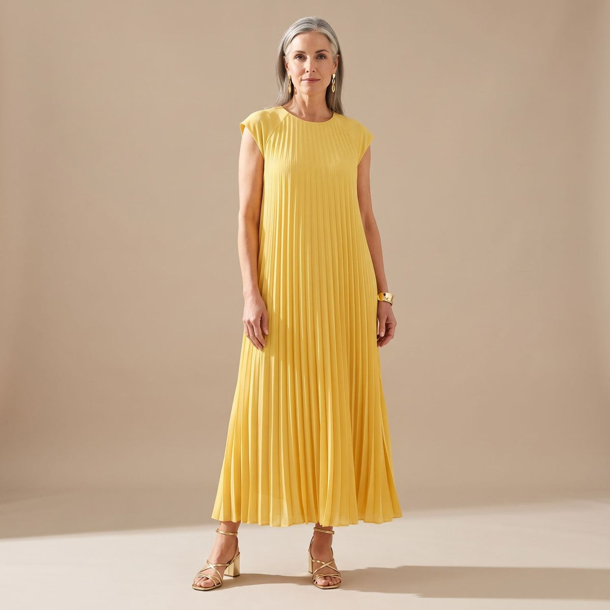 Women's Formal Pleated Maxi Dress Cap-Sleeve A-Line - Yellow